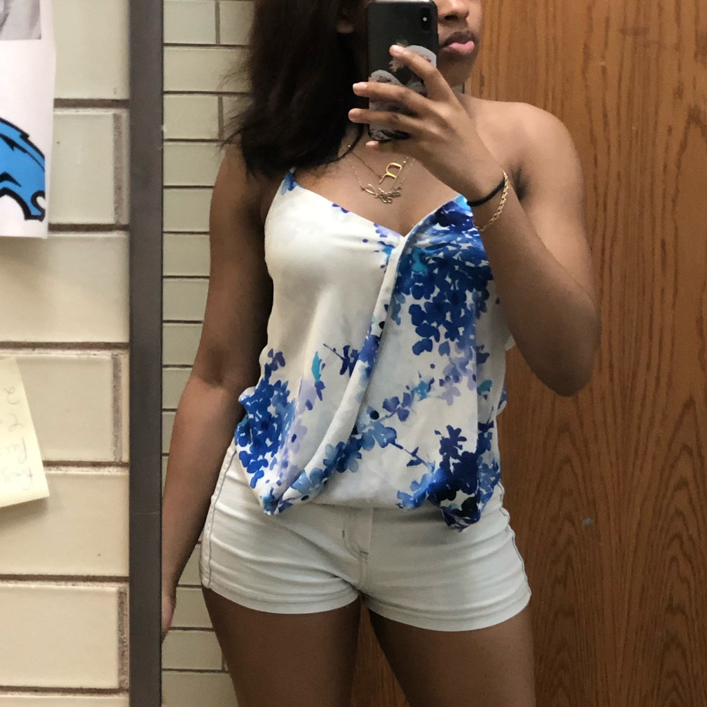 Olivaceous Blue & White Halter V-Neck Floral Top